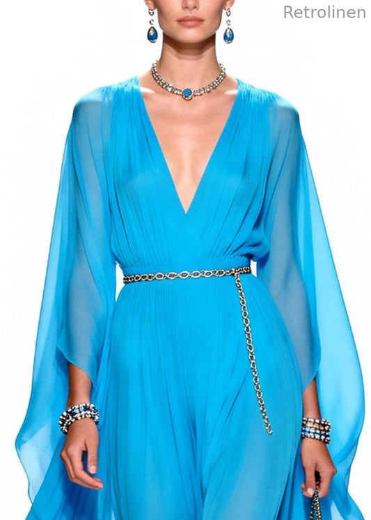 Stylish Blue V Neck Draping Chiffon Maxi Dresses Summer