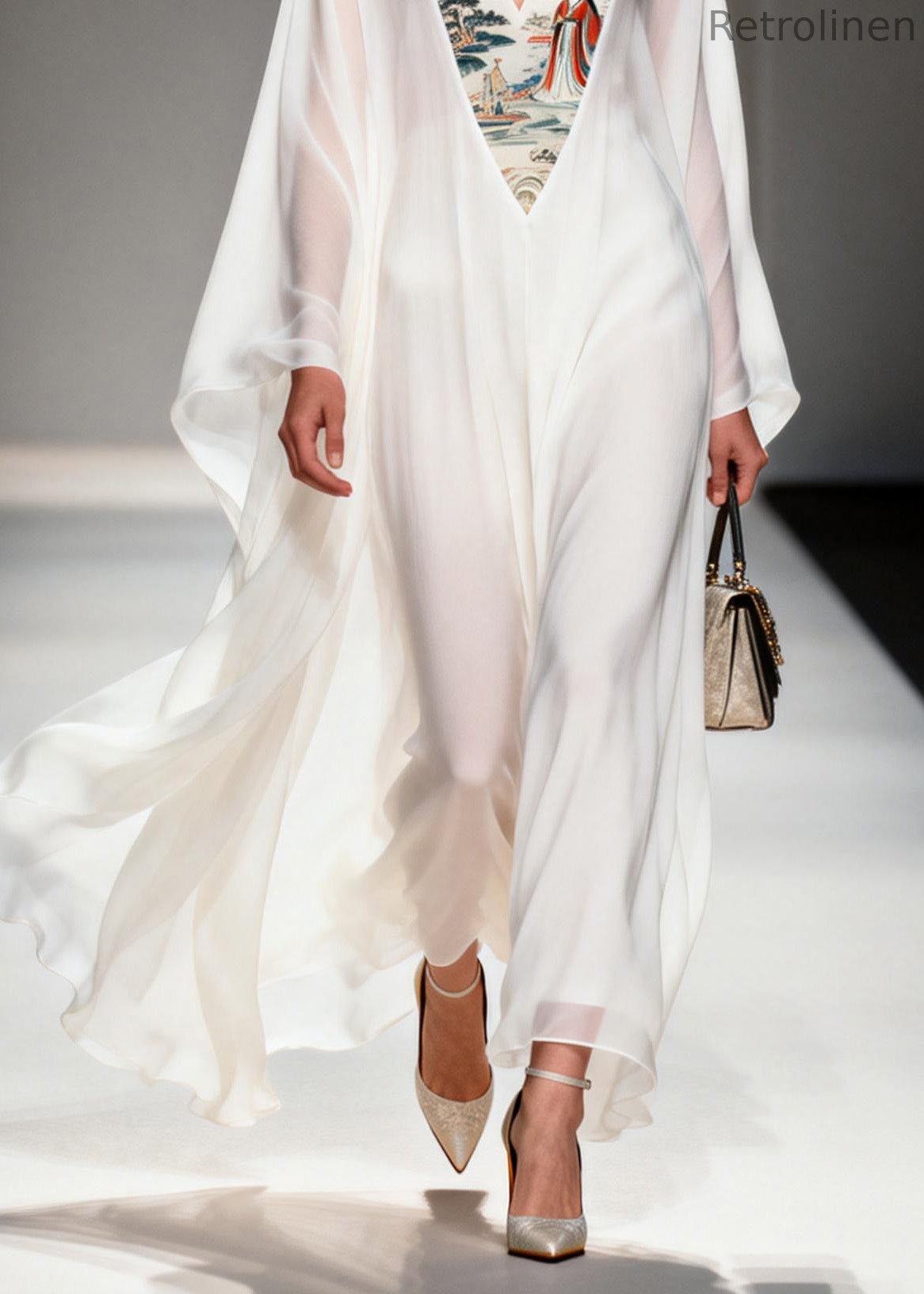 White V Neck Print Patchwork Chiffon Dresses Spring