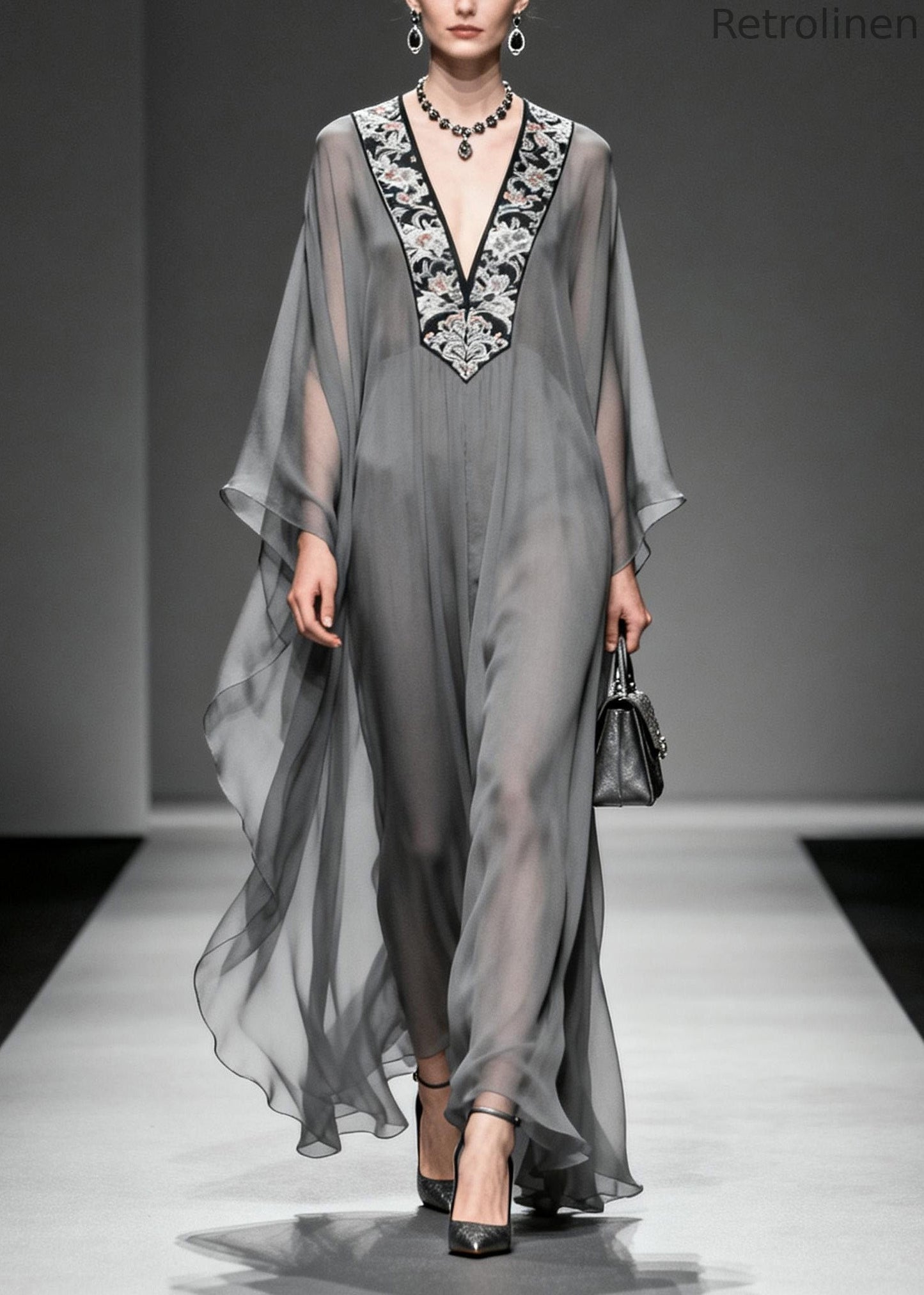 Boutique Grey V Neck Print Patchwork Chiffon Dress Spring
