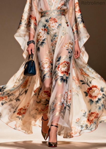 V Neck Print Chiffon Long Dresses Spring