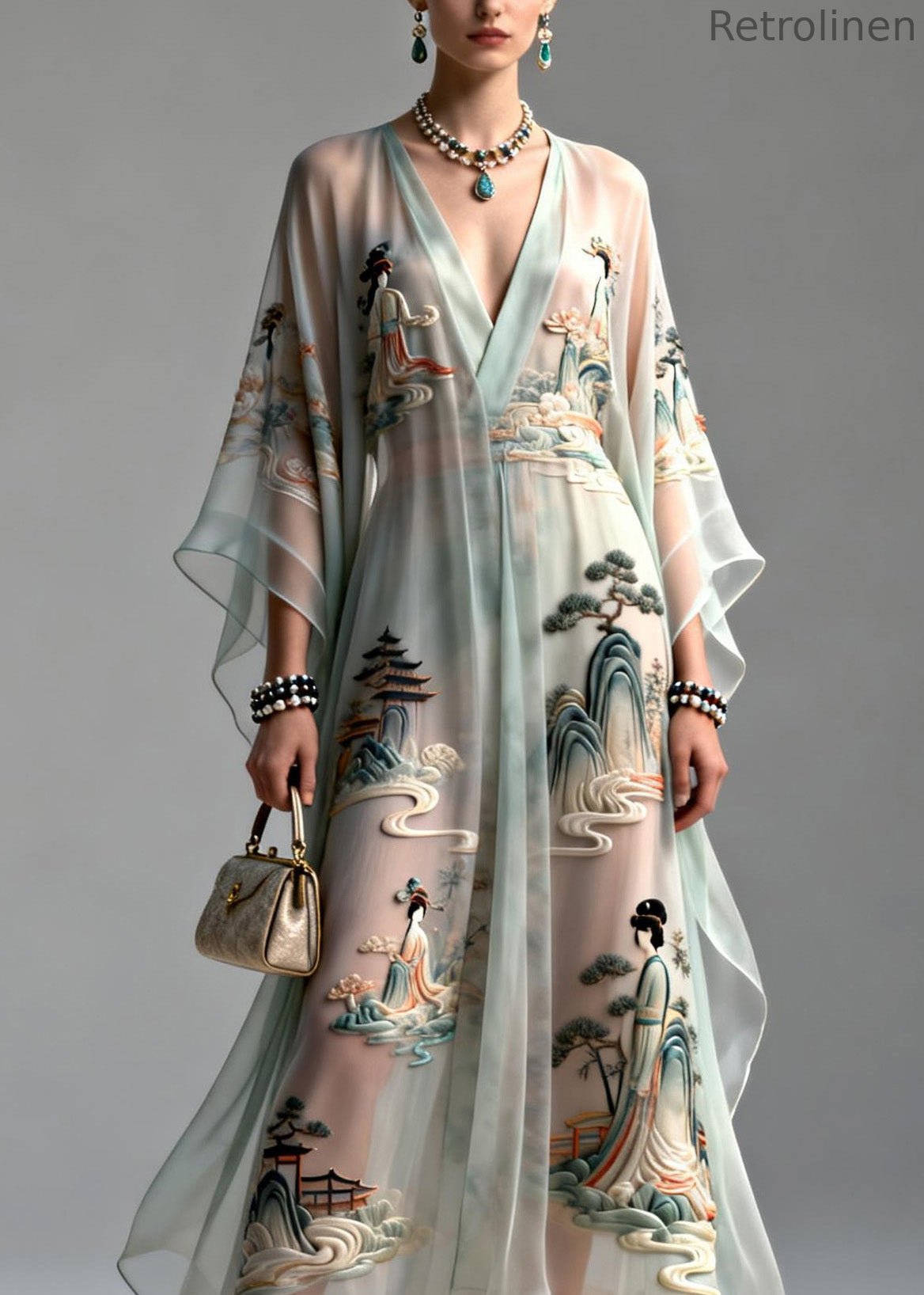 V Neck Asymmetrical Design Print Chiffon Dress Summer