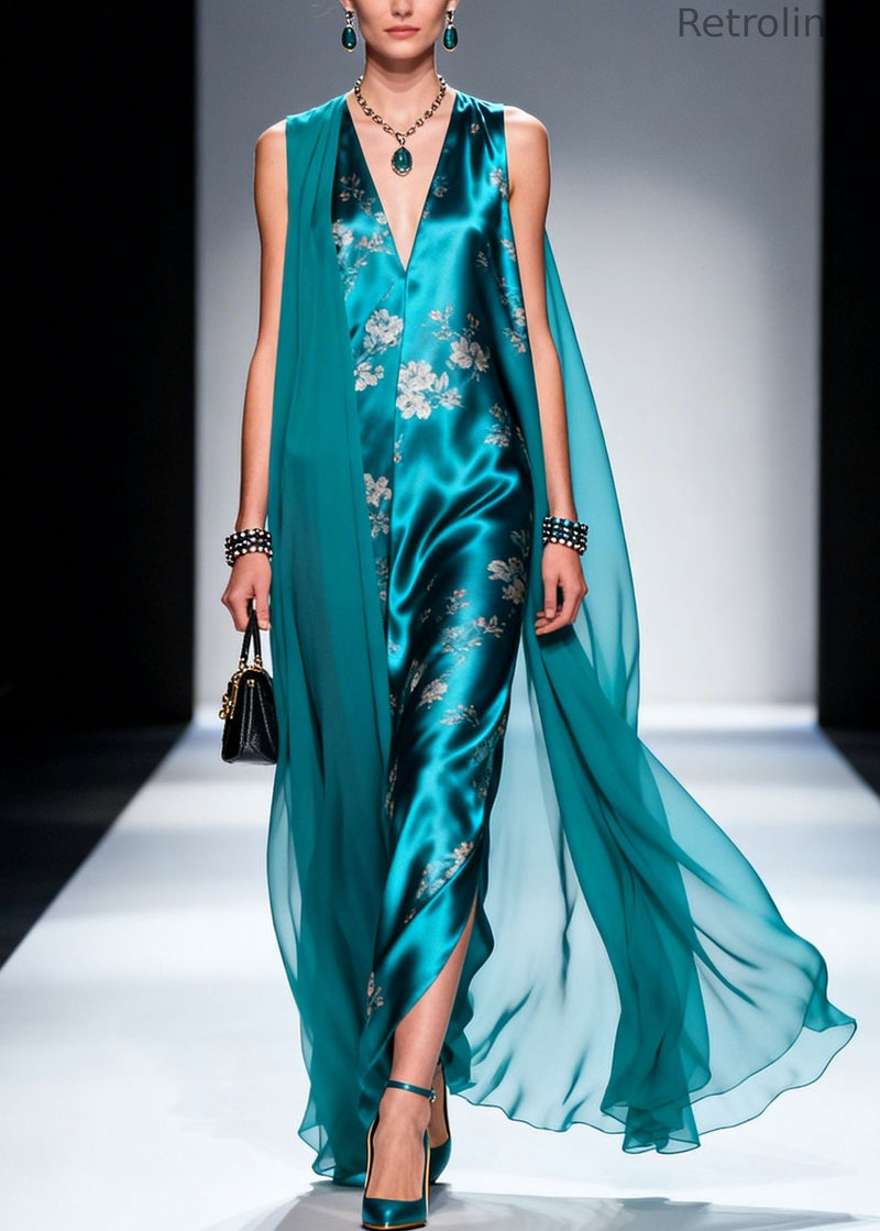 V Neck Patchwork Print Silk Dress Sleeveless