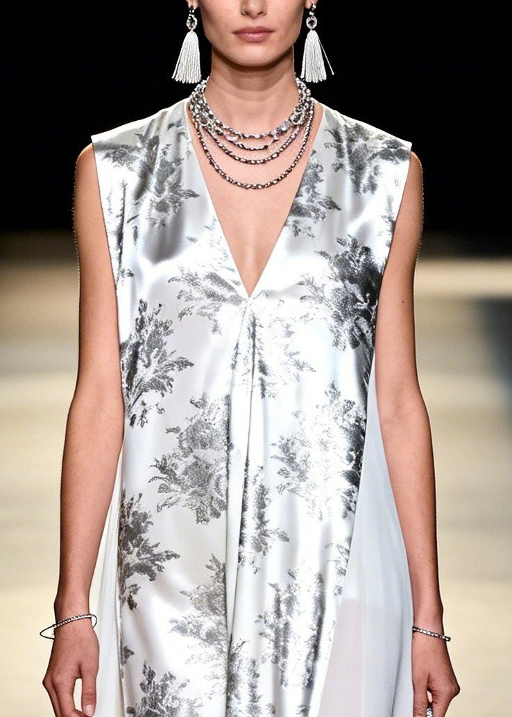 Modern White Print Patchwork Exra Large Hem Chiffon Holiday Dress Sleeveless