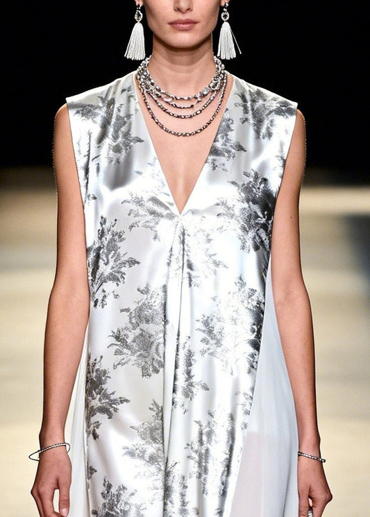 Modern White Print Patchwork Exra Large Hem Chiffon Holiday Dress Sleeveless