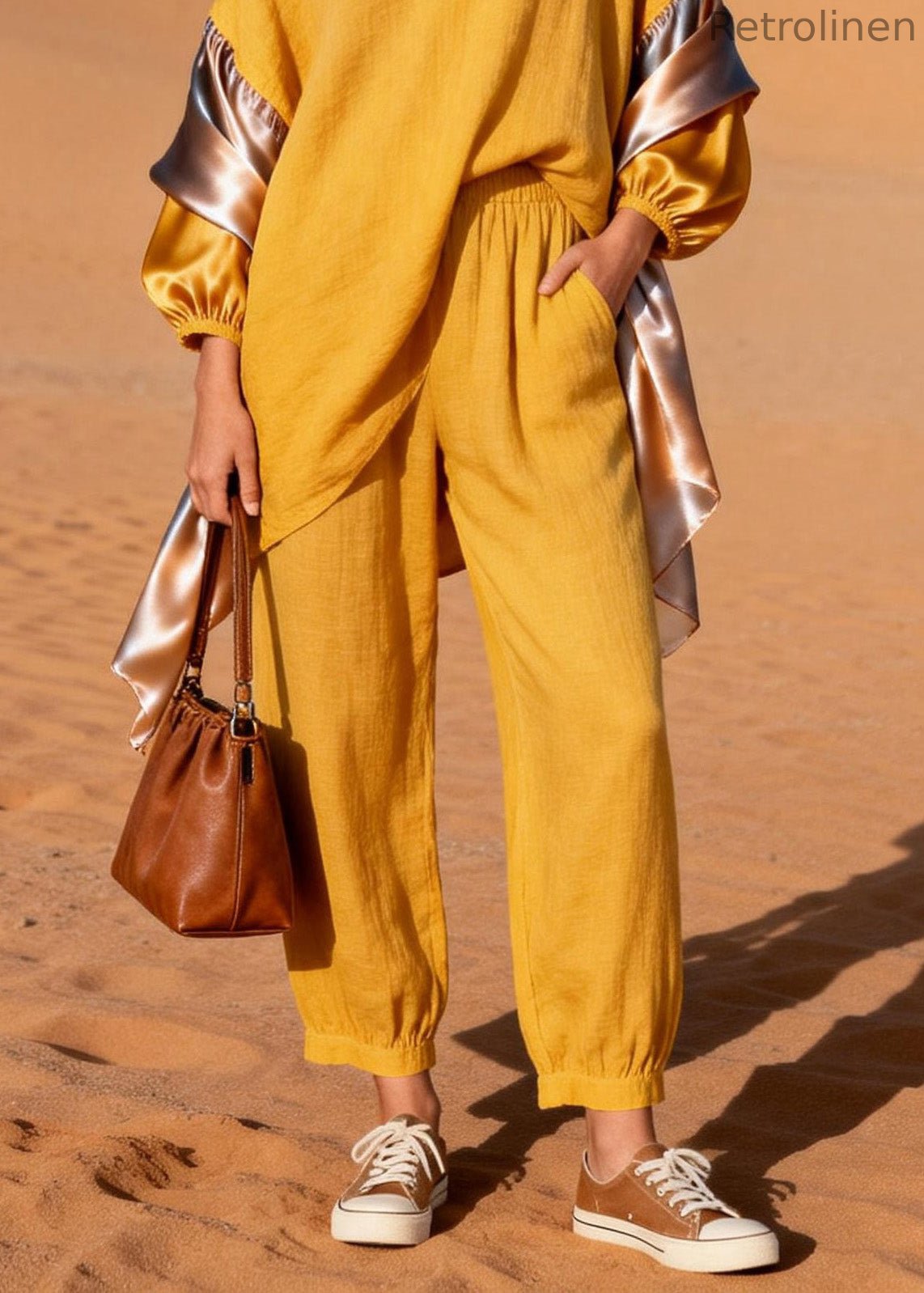 Stylish Yellow V Neck Patchwork Linen Silk Two Pieces Set Spring