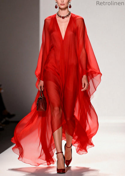 Natural Red Oversized Draping Chiffon Robe Dresses Summer
