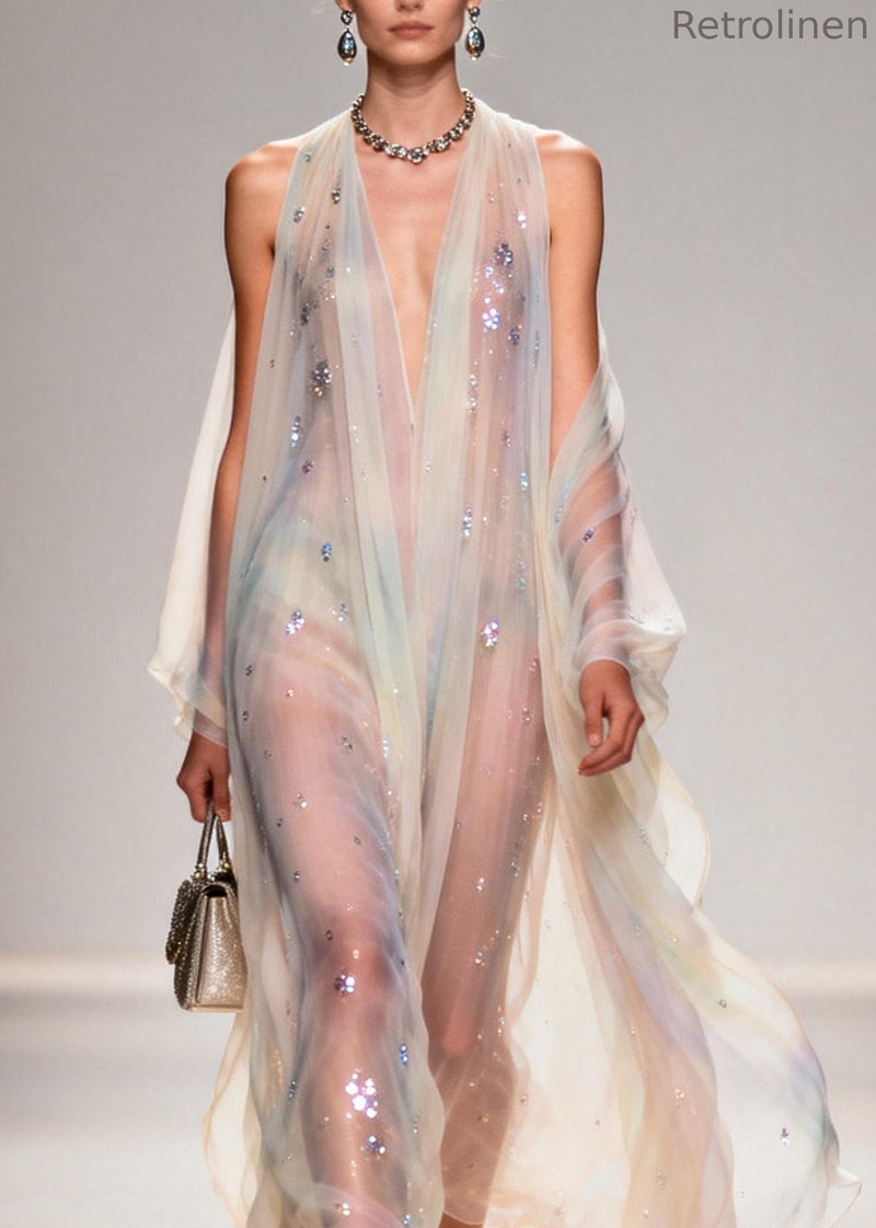 Modern V Neck Zircon Chiffon Long Dress Summer