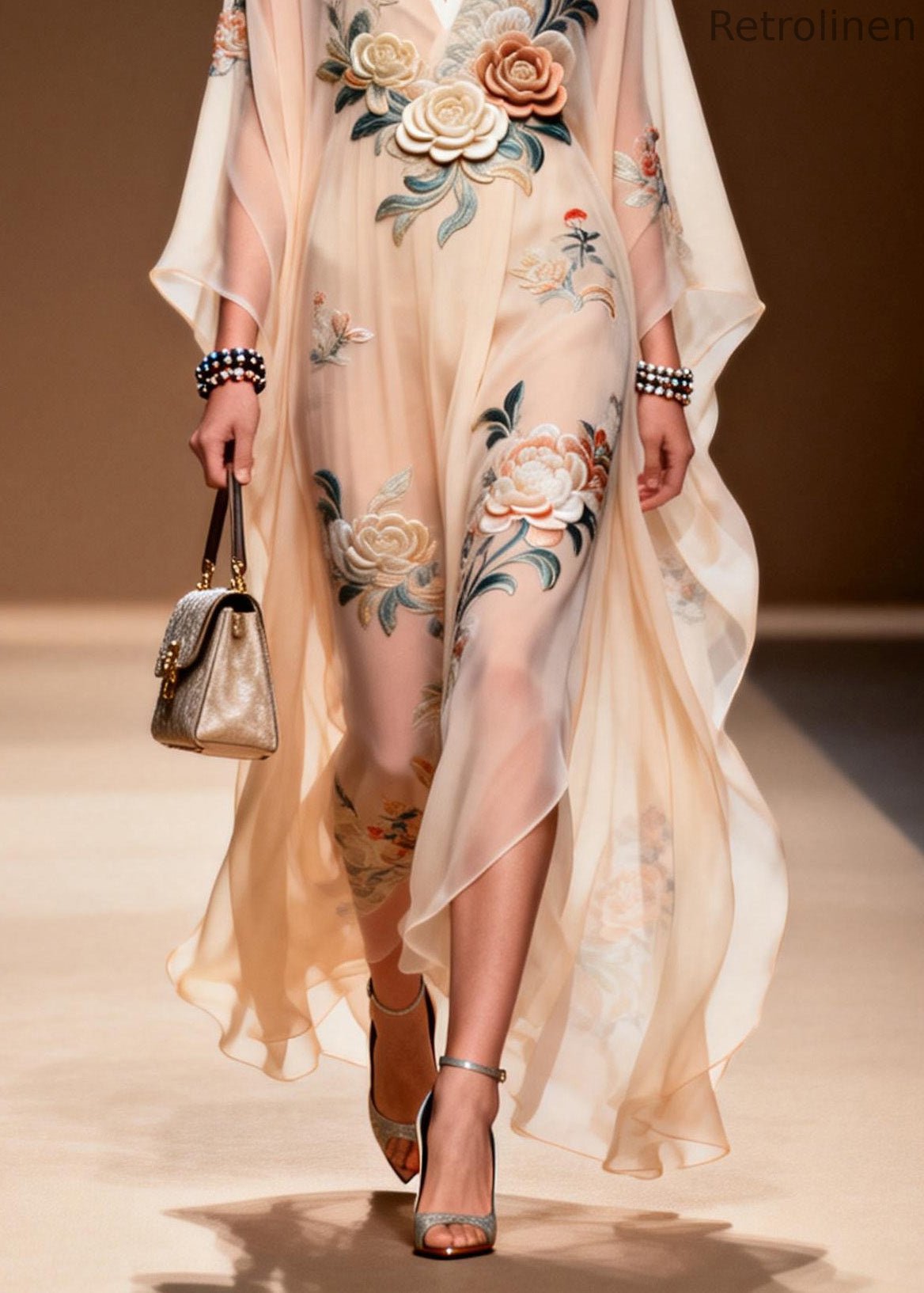 V Neck Print Wrinkled Chiffon Maxi Dresses Spring
