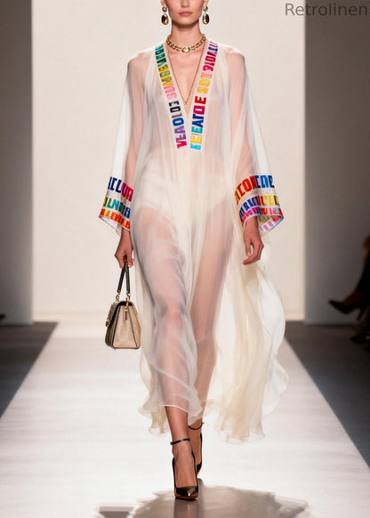 Italian White V Neck Letter Print Chiffon Sheer Dress Summer