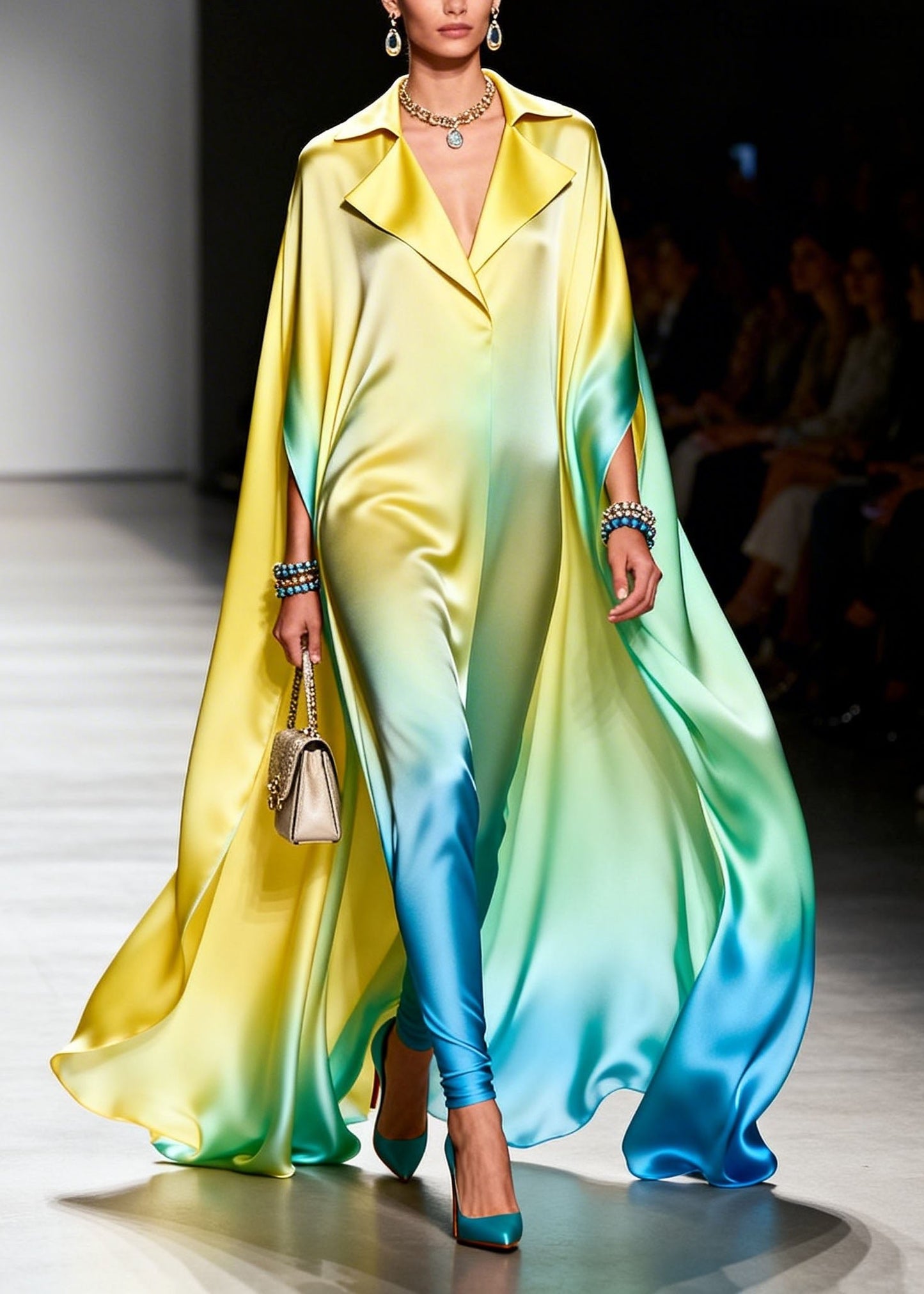 Italian Gradient Color Peter Pan Collar Chiffon Maxi Dresses Summer