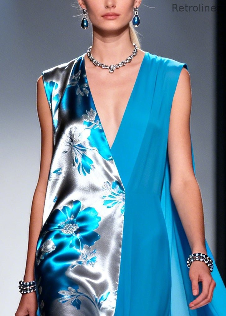 Blue Patchwork Chiffon Vacation Dresses Asymmetrical Design Sleeveless