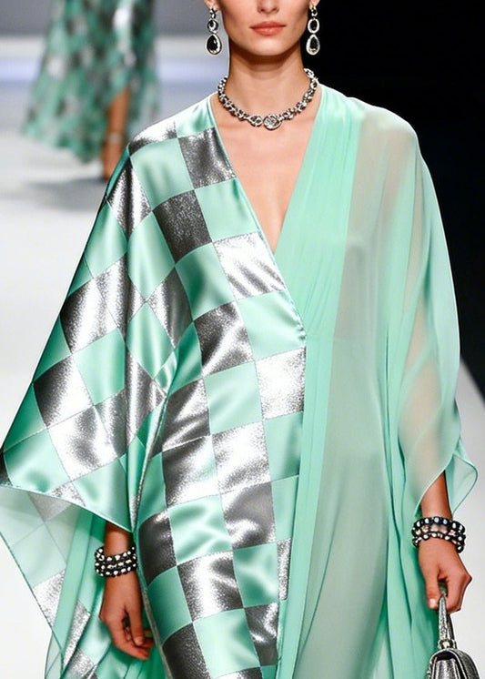 Modern Green Asymmetrical Patchwork Chiffon Party Dress Batwing Sleeve