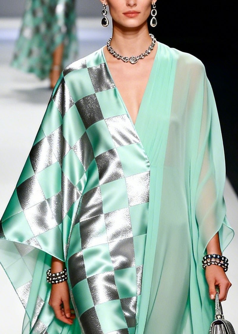 Modern Green Asymmetrical Patchwork Chiffon Party Dress Batwing Sleeve