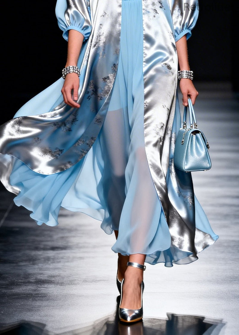 Modern Sky Blue V Neck Patchwork Chiffon Fake Two Piece Dress Summer