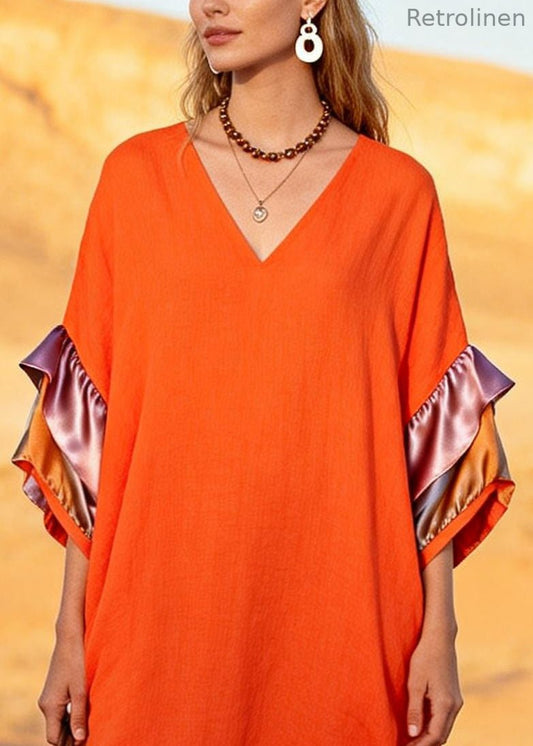 Orange V Neck Patchwork Cotton Mid Dress Butterfly Sleeve