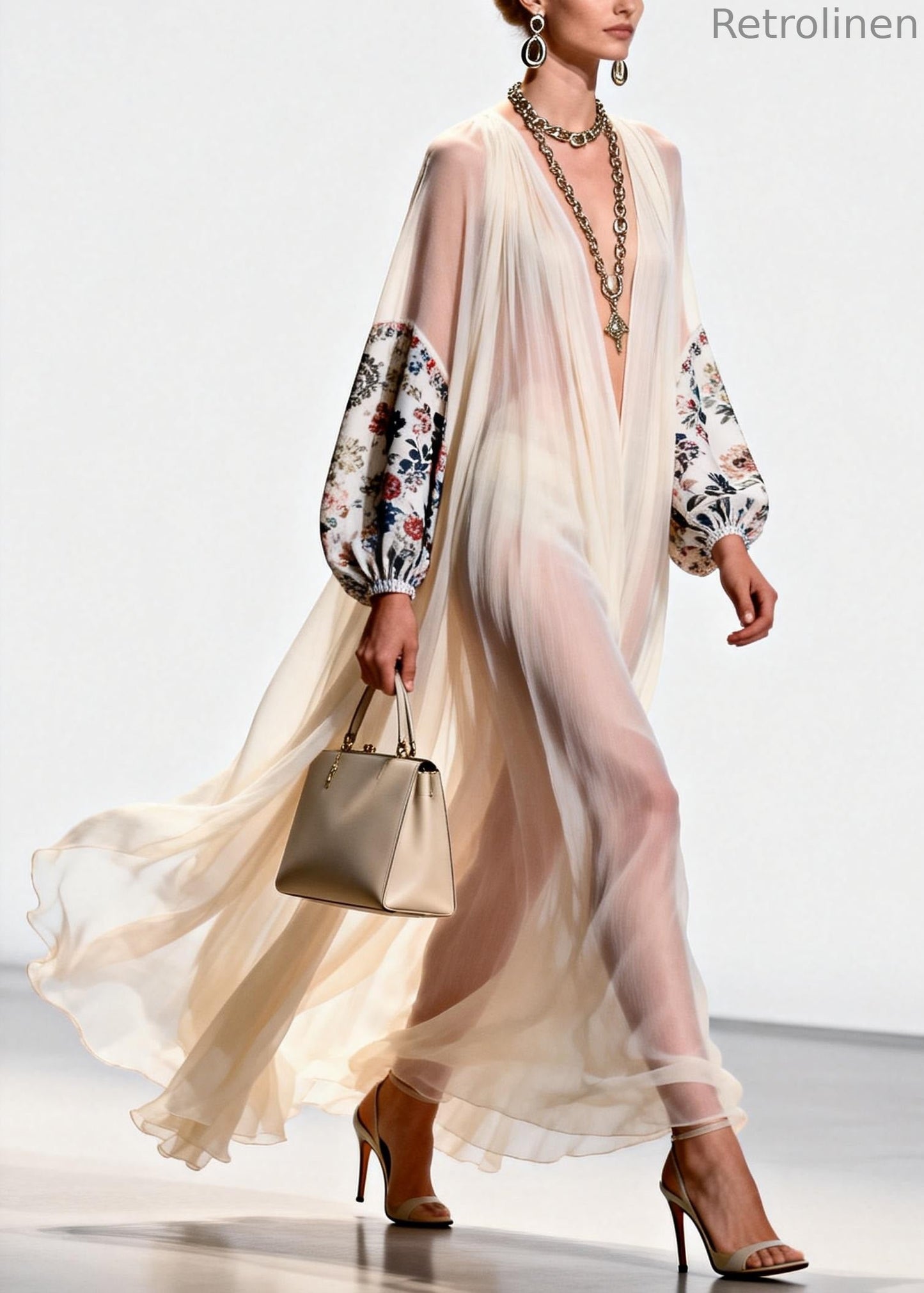 V Neck Print Patchwork Chiffon Dress Spring