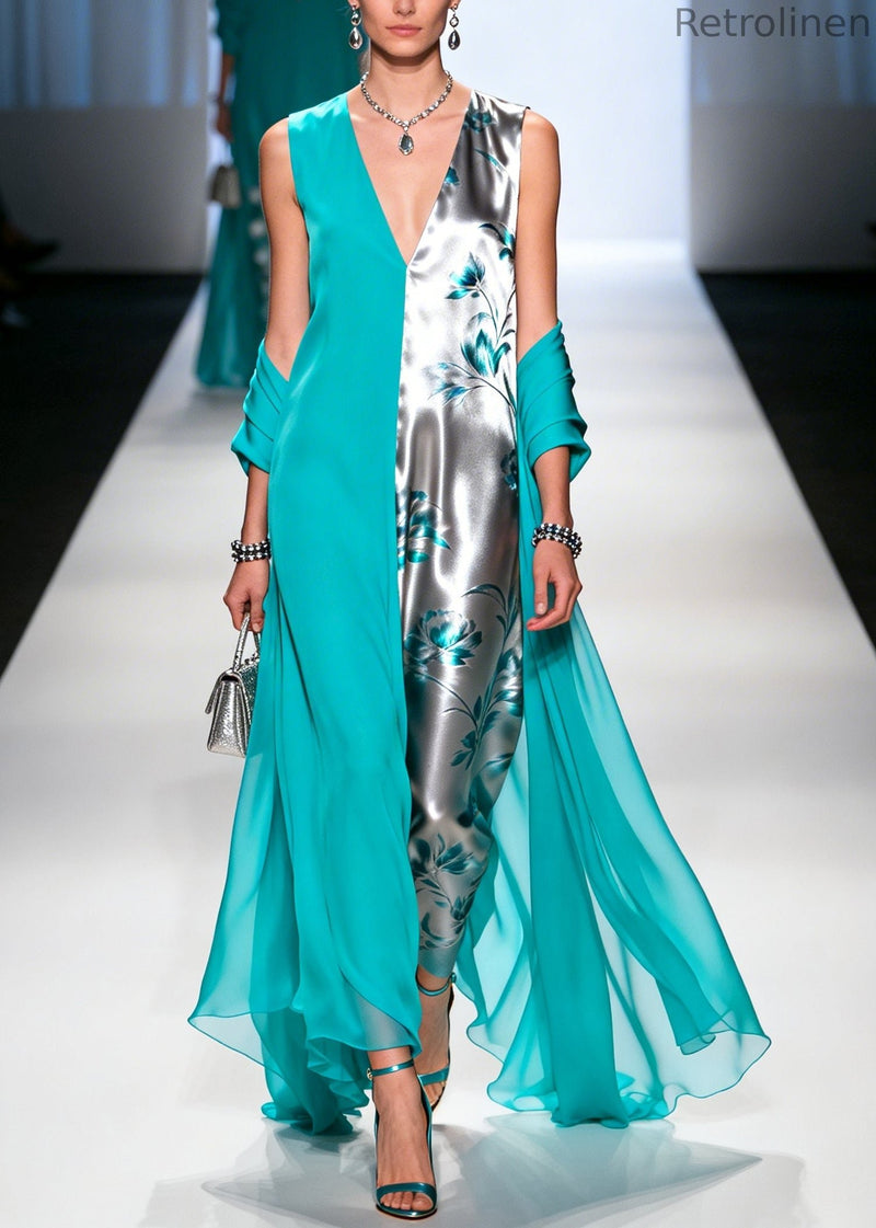 Green Asymmetrical Patchwork Chiffon Dress Sleeveless