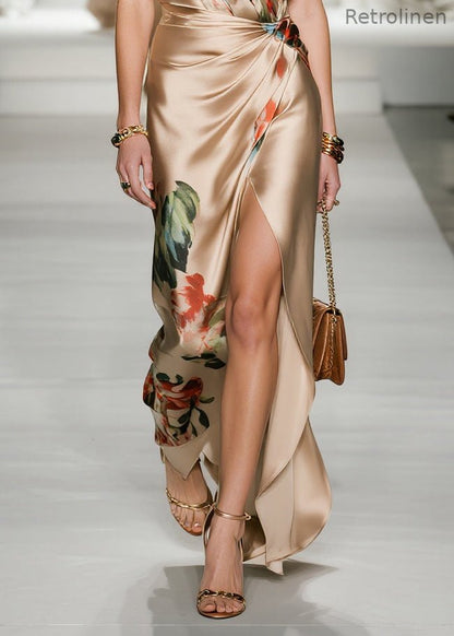 Champagne Print Side Open Silk Party Dress Summer