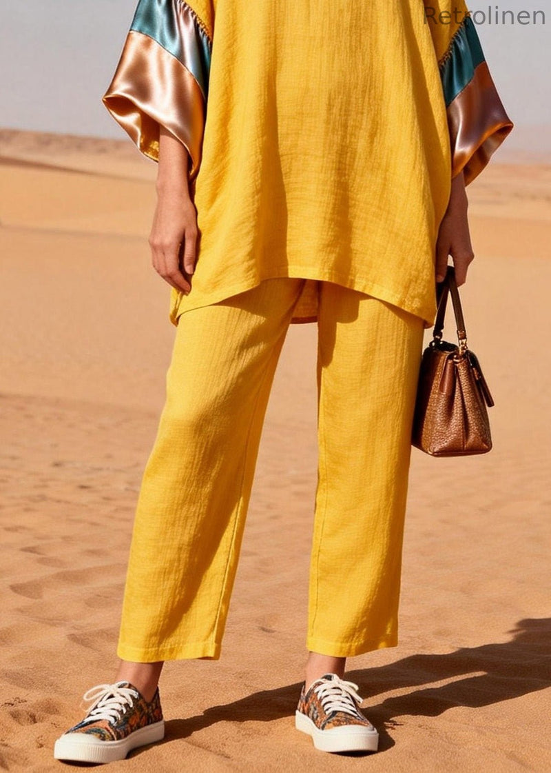 Yellow V Neck Silk Patchwork Linen Two Piece Set Summer