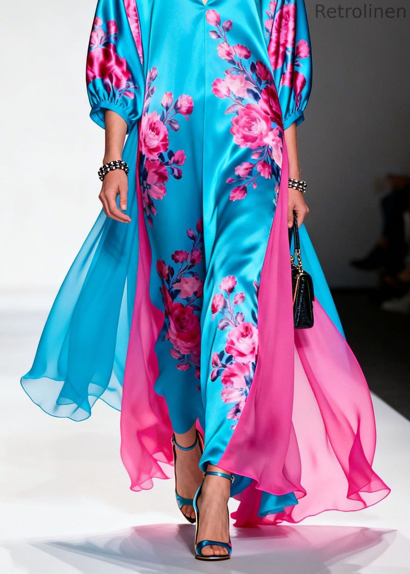 V Neck Print Patchwork Silk Long Dress Summer
