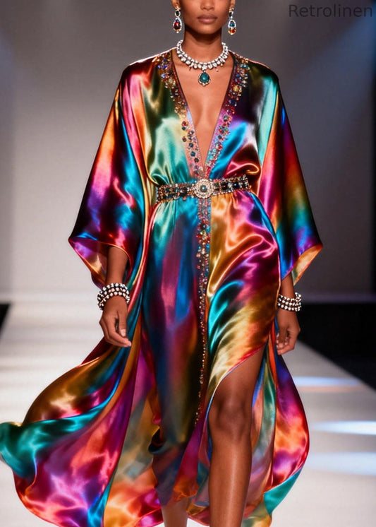 Gradient Color V Neck Zircon Chiffon Dress Summer