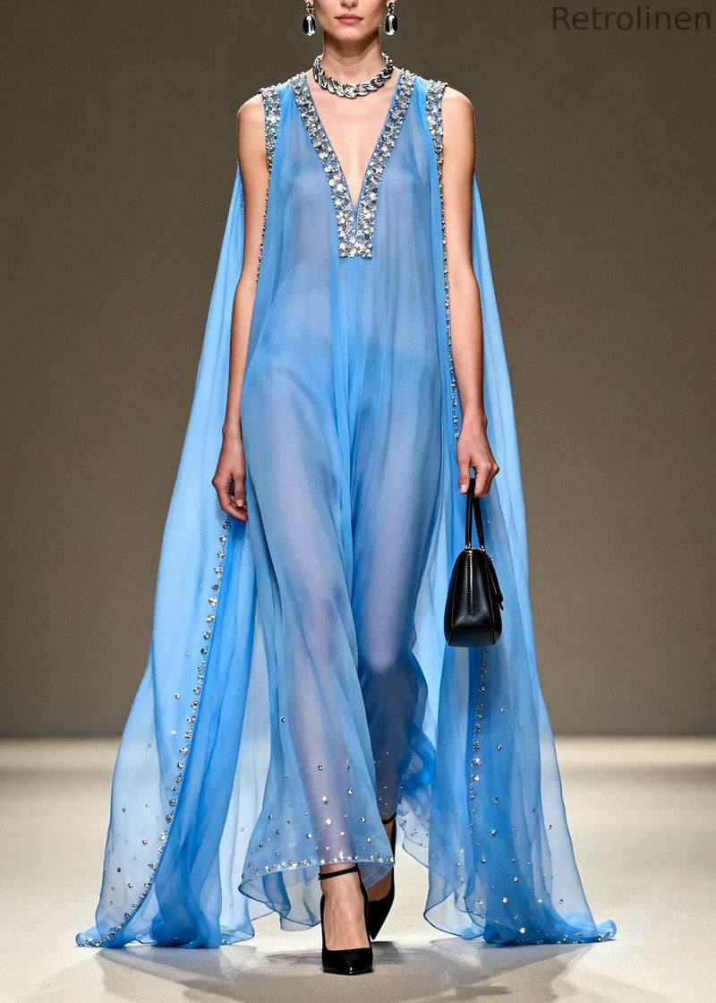 New Blue V Neck Zircon Patchwork Chiffon Maxi Dresses Summer