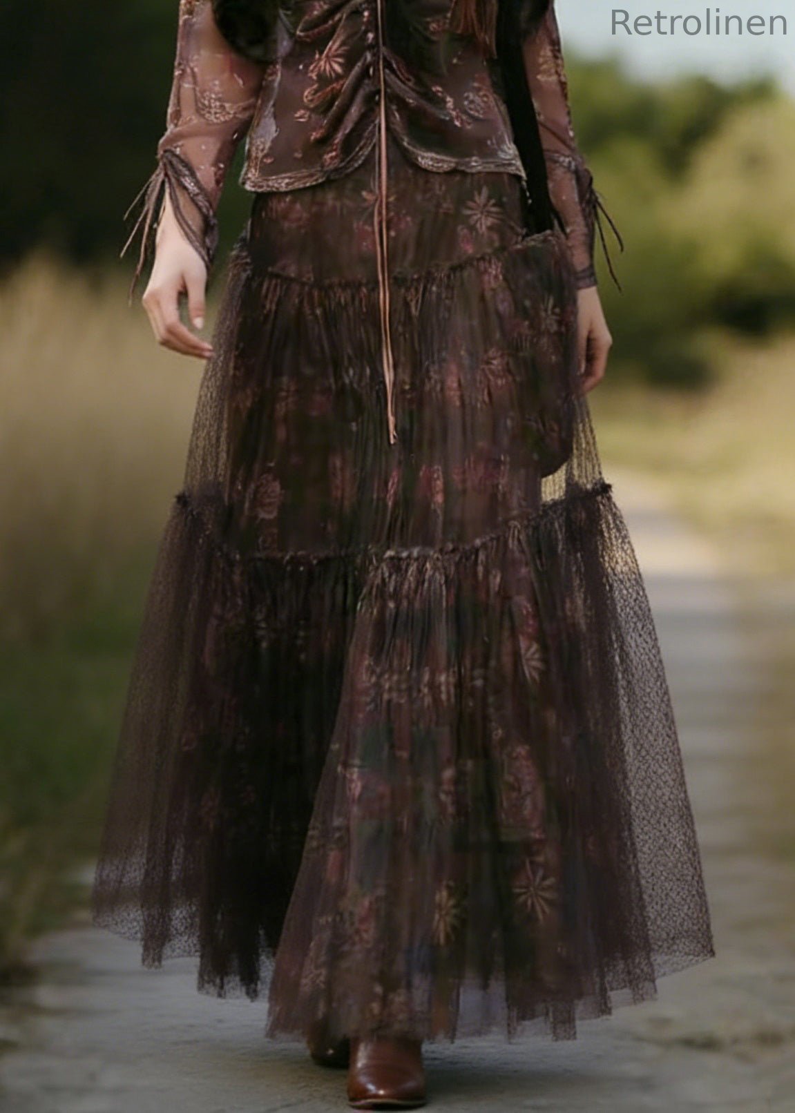 Coffee Print Wrinkled Tulle Skirt Summer