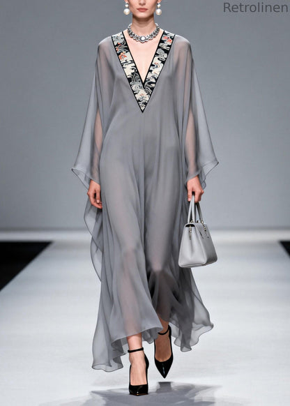 Grey V Neck Patchwork Chiffon Long Dress Spring
