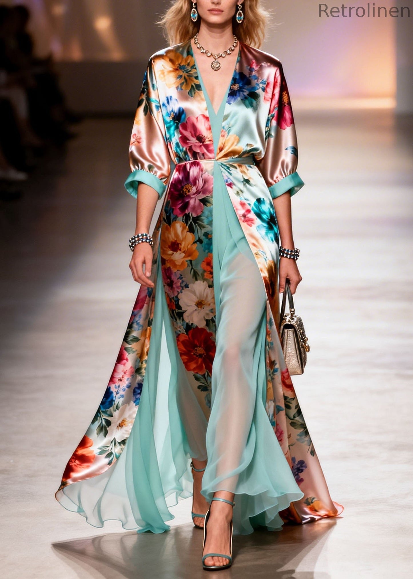 V Neck Print Patchwork Silk Dresses Summer