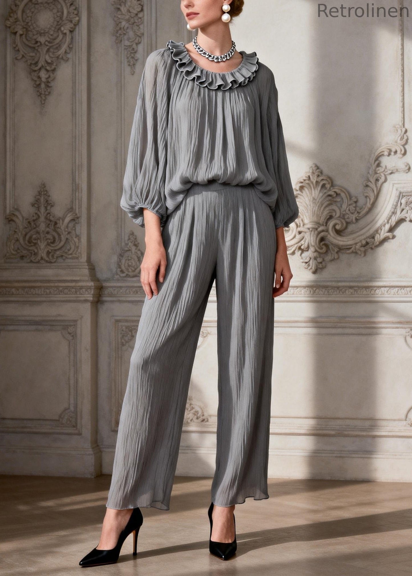 Simple Grey O Neck Ruffled Two Pieces Set Spring