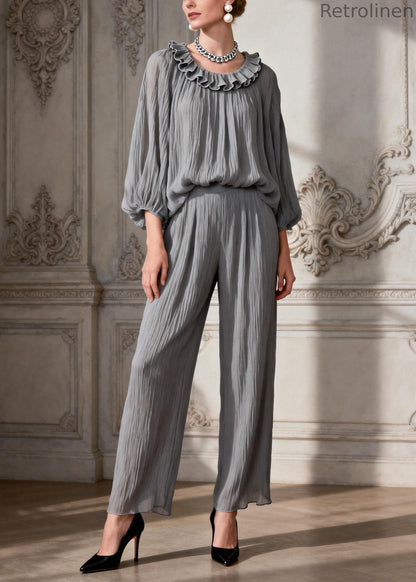Simple Grey O Neck Ruffled Two Pieces Set Spring