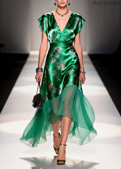 Organic Green V Neck Print Patchwork Silk Dresses Summer