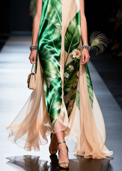 Style Colorblock V Neck Print Chiffon Dress Sleeveless