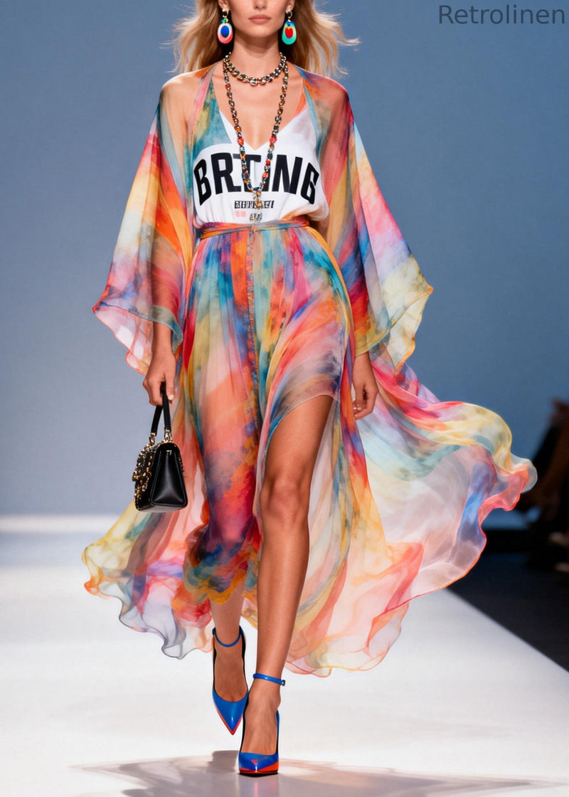 Stylish V Neck Print Patchwork Chiffon Dresses Summer