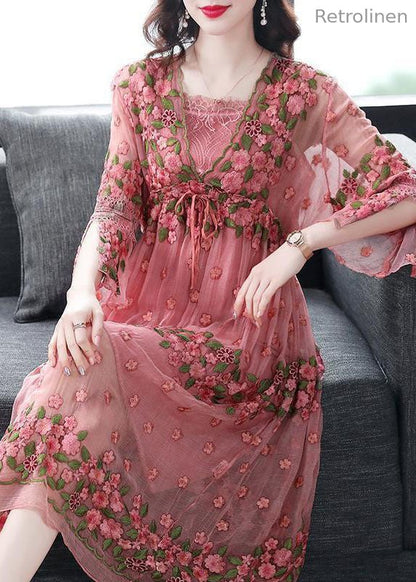 Pink Embroideried Lace Up Silk Robe Dresses Flare Sleeve