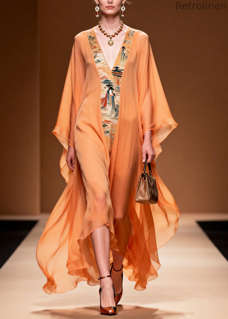 Orange V Neck Print Patchwork Chiffon Dress Spring