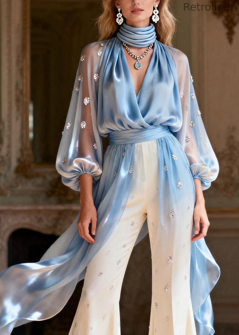 Boutique V Neck Zircon Patchwork Silk Two Pieces Set Spring