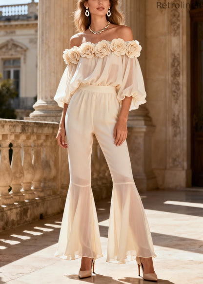 Vogue White Chiffon Shirts and Flared Trousers Two Piece Set Spring