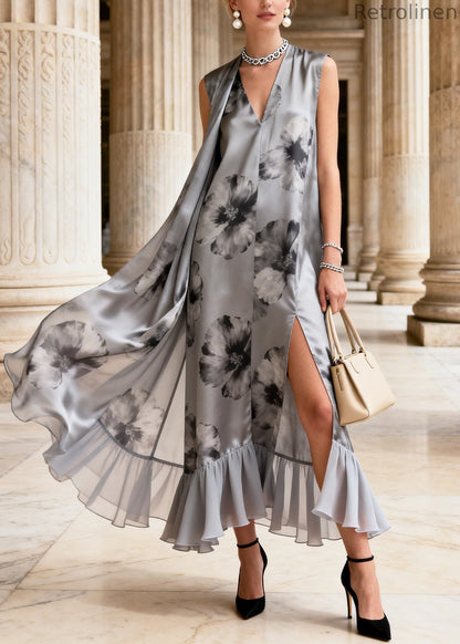 Grey Print Side Open Chiffon Long Dress Summer
