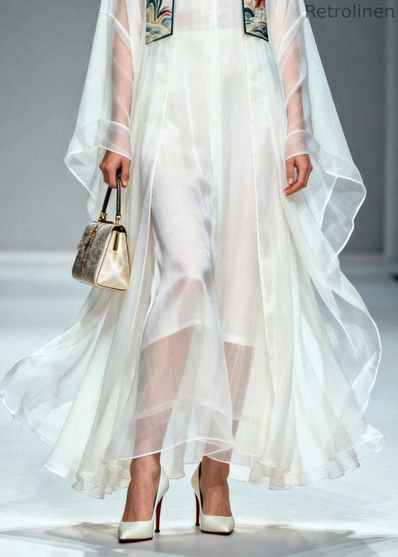 Simple White Stand Collar Patchwork Chiffon Two Piece Set Summer