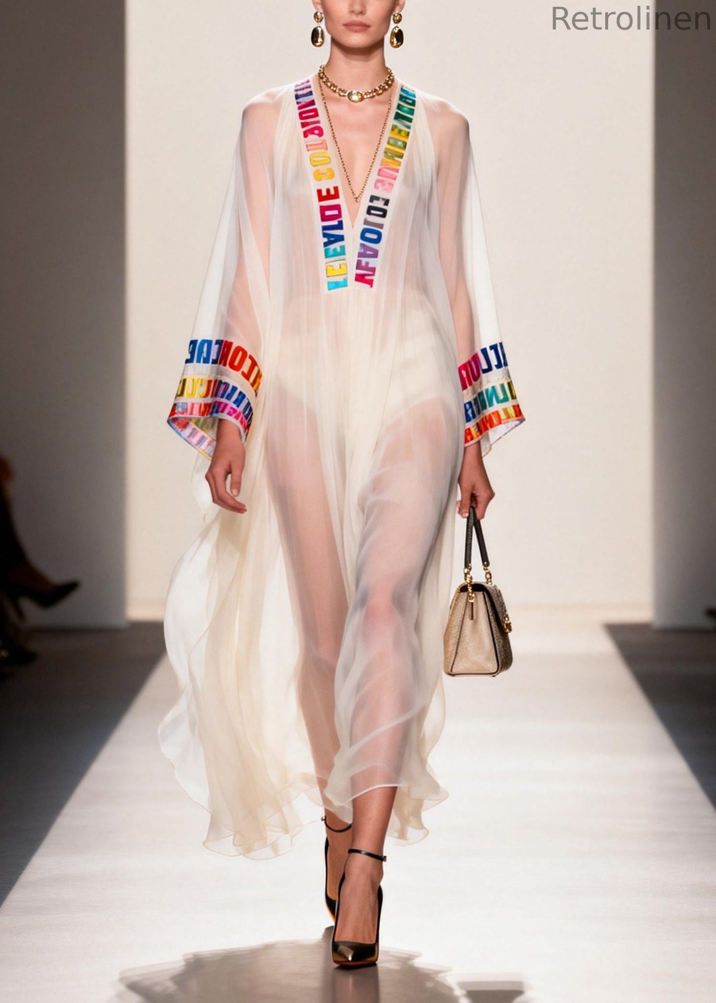 Italian White V Neck Letter Print Chiffon Sheer Dress Summer