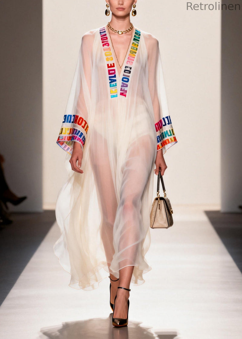 Italian White V Neck Letter Print Chiffon Sheer Dress Summer