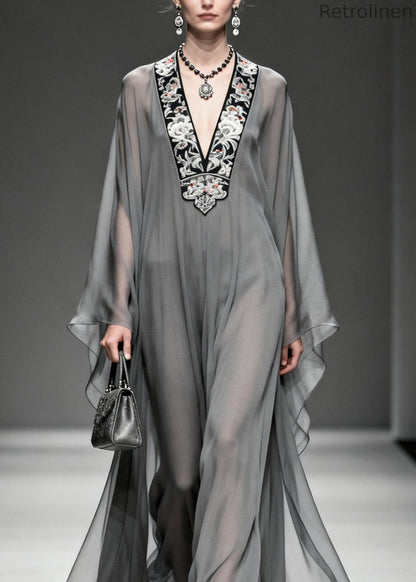 Grey V Neck Print Loose Chiffon Long Dress Spring