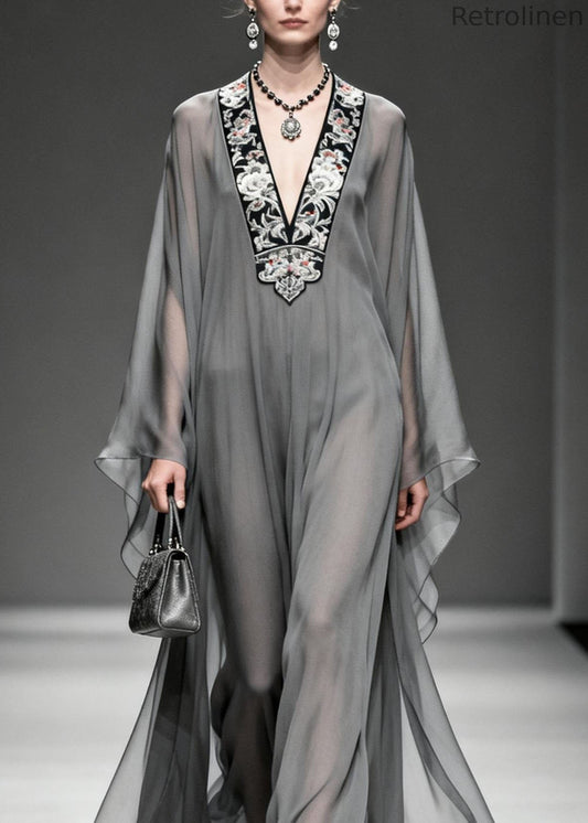 Grey V Neck Print Loose Chiffon Long Dress Spring