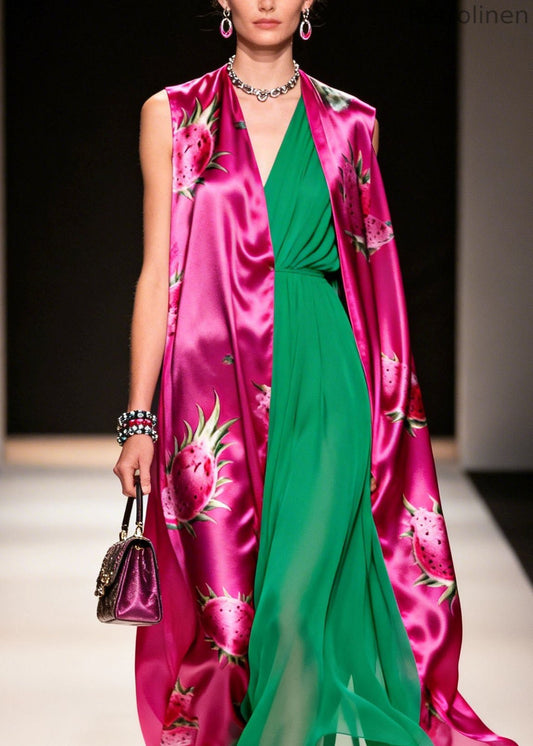 New V Neck Print Cardigans and Dresses Chiffon Two Pieces Set Summer
