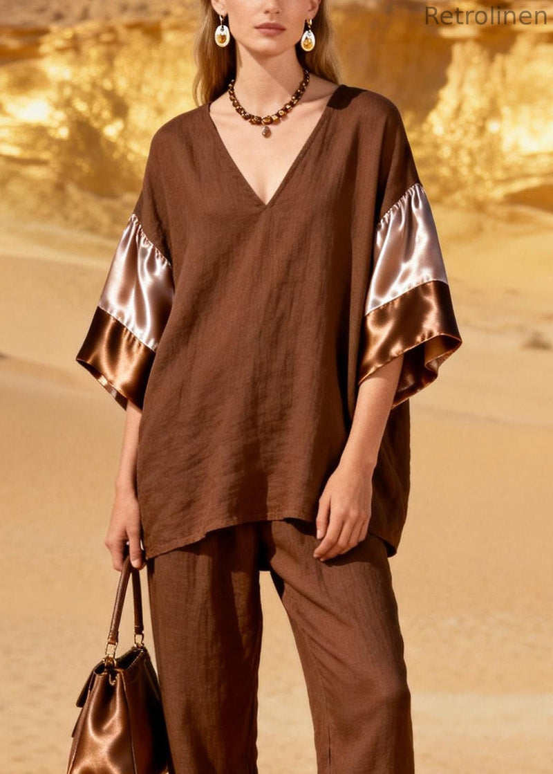 Coffee V Neck Patchwork Linen Silk Two Piece Set Spring