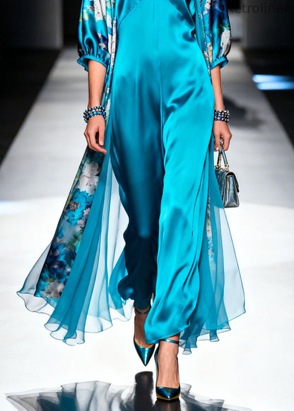 Classy Blue Print Cardigans and Dresses Silk Two Pieces Set Summer