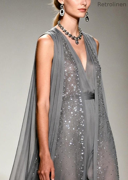 Grey Sparkling Zircon Draping Chiffon Dress Two Piece Set Sleeveless
