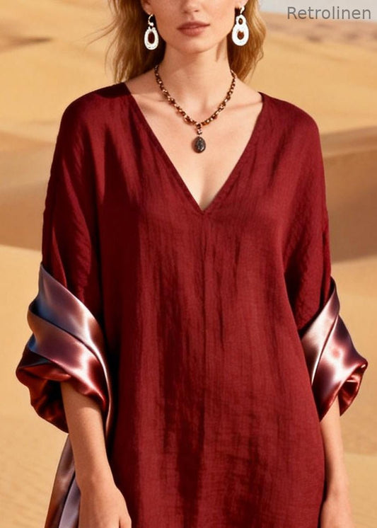 Mulberry V Neck Patchwork Cotton Maxi Dresses Summer