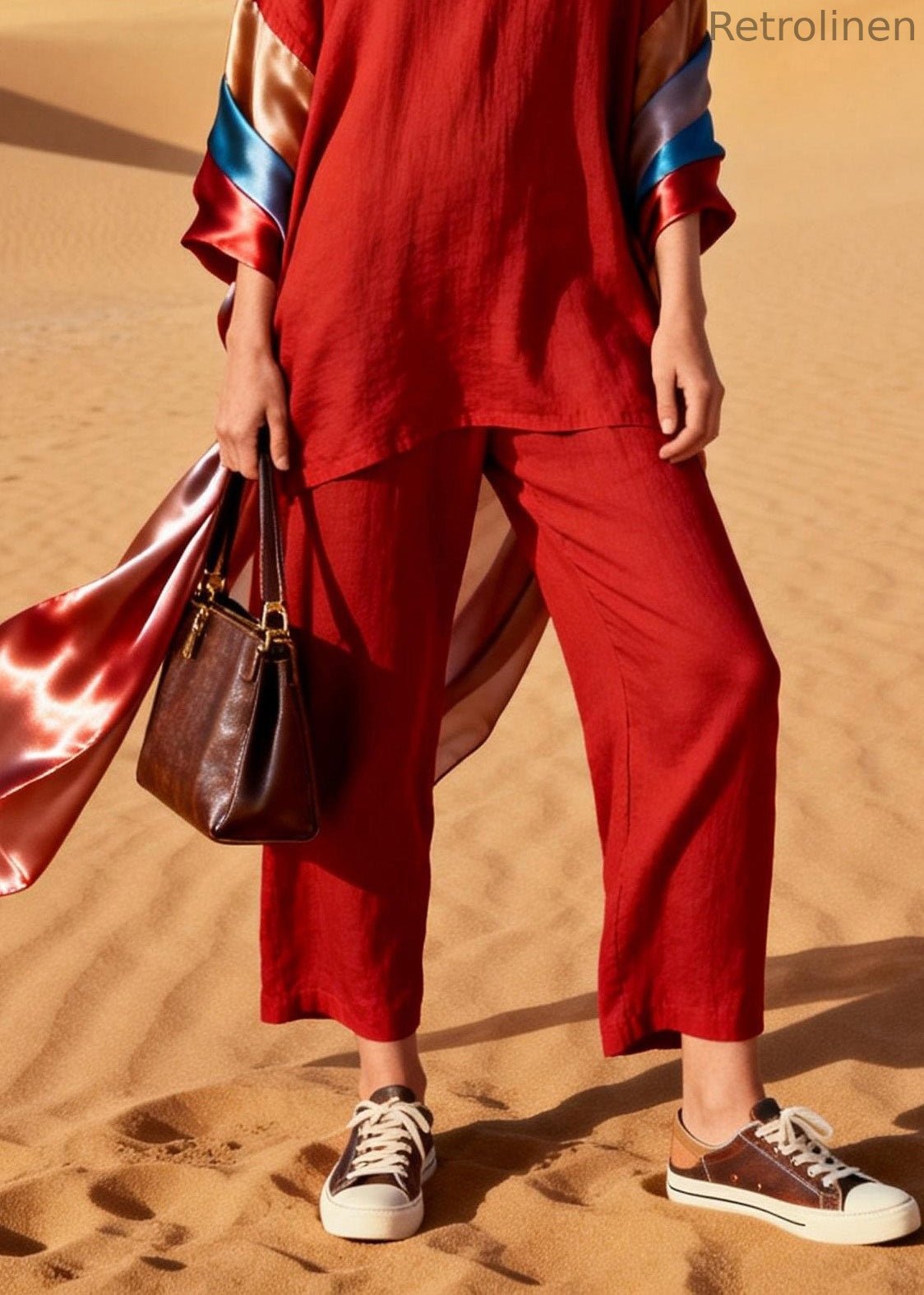 Italian Red V Neck Silk Patchwork Linen Two Piece Set Outfits Summer